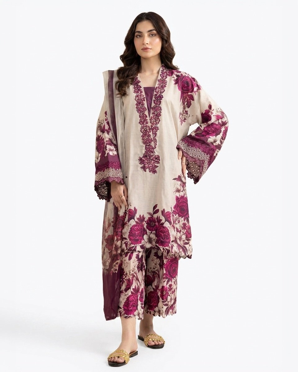 Women's Premium Digital Printed Lawn 3 Piece Suit with Ready to Wear Chiffon Dupatta